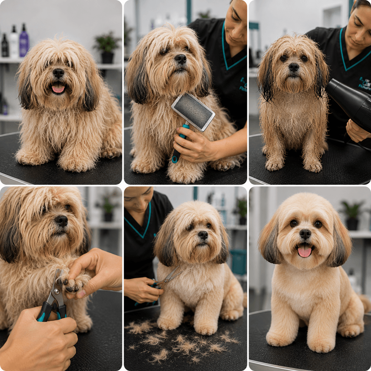 Sesión de peluquería canina — antes y después
