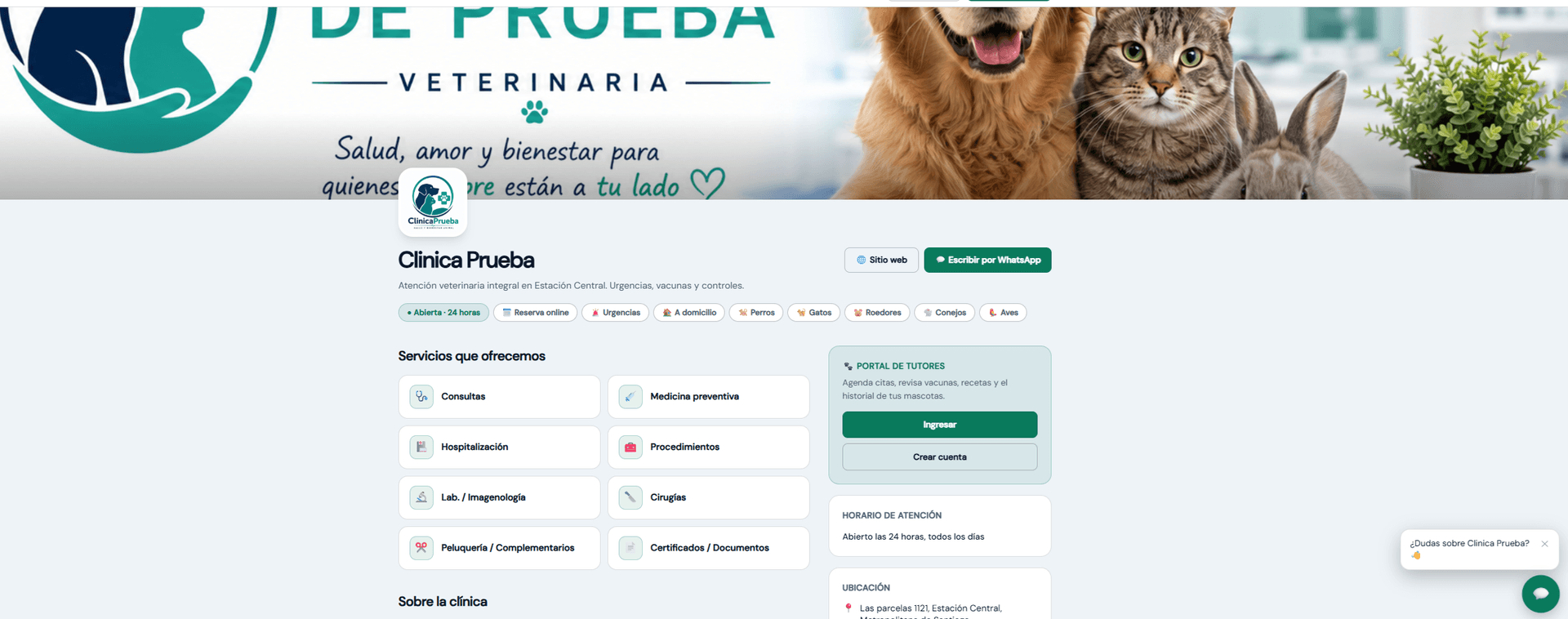 Página pública de una clínica en FichaPet PRO
